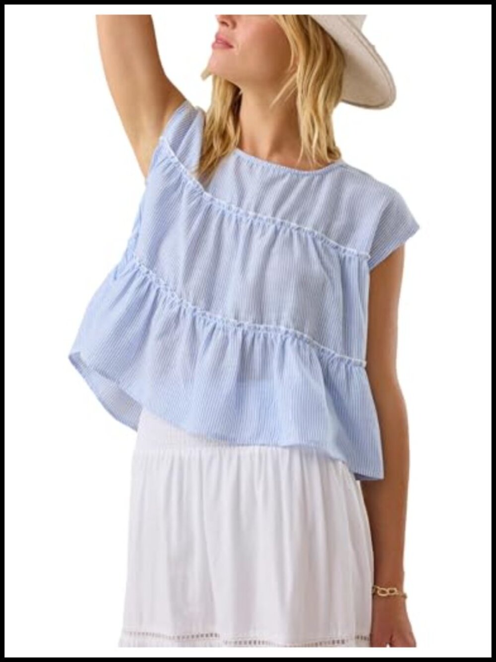 Striped Babydoll Peplum Blouse Cap Sleeve Crewneck Crop Top Cotton Summer